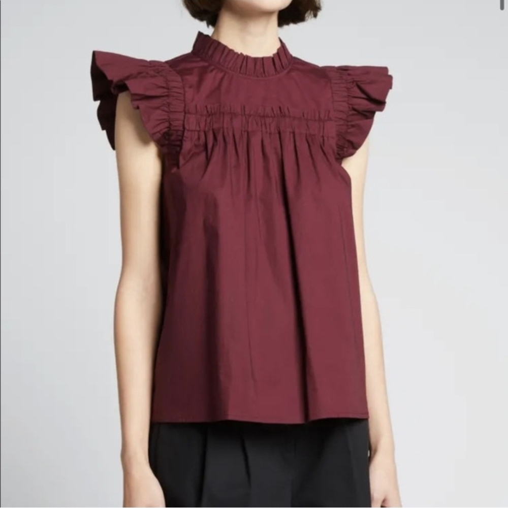 Sea New York Burgundy Ruffled Mock Neck Sleeveless Top